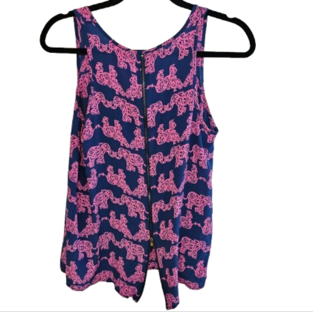 Lilly Pulitzer Blue Pink Silk Elephant Print Tank Back Zipper Boho - Picture 3 of 8